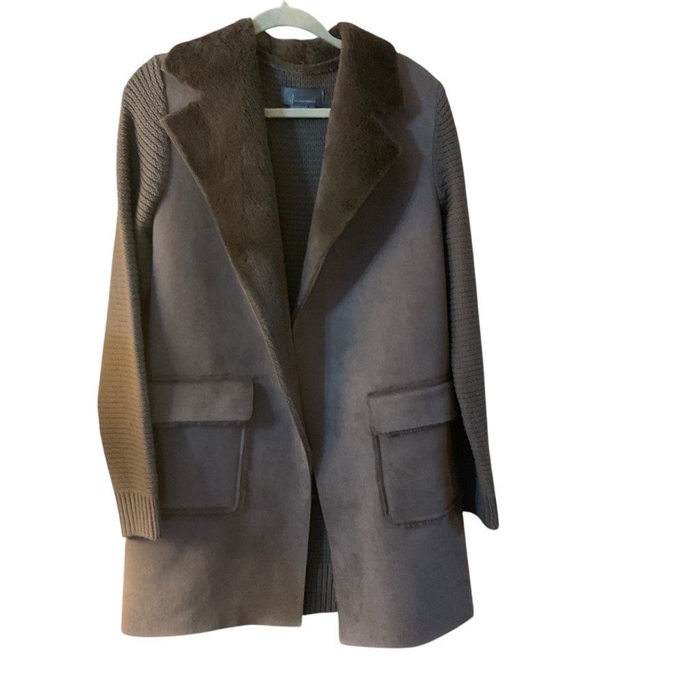 Anthropologie Taupe Knit Sleeve Faux Suede Coat with Faux Fur Collar - Size M - Picture 2 of 6